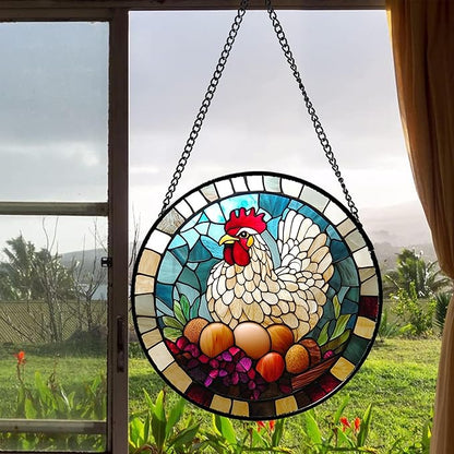 DASTOLL Stained Glass Window Hanging White Chicken Hatching Eggs 9.8" - Suncatcher Door Garden Sunroom Sun Catcher Home Decor Birthday Christmas for Mom Men Woman Nana