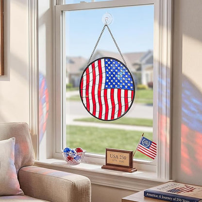 Stained Glass Window Hanging Suncatchers with Patriotic American Flag 12.6", Vibrant Glass Panel with Metal Chain for Home Decor Gift for Women Mother's Day, Birthday, Men, and Mom