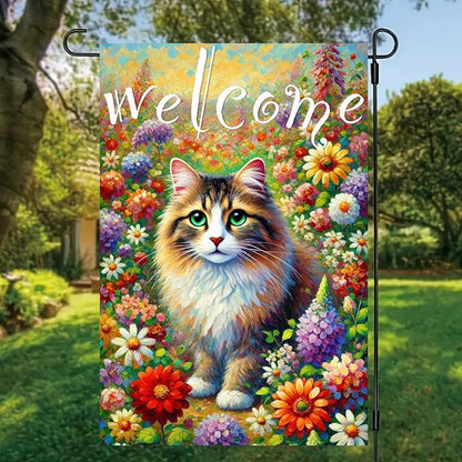 BlissYard Spring Welcome Cat Garden Flag Double Sided 12x18 Inch Tabby Cat Garden Flag Funny Floral Tulip Cats Flags Vertical Farmhouse Welcome Yard Spring Summer Seasonal Outdoor Porch Decor