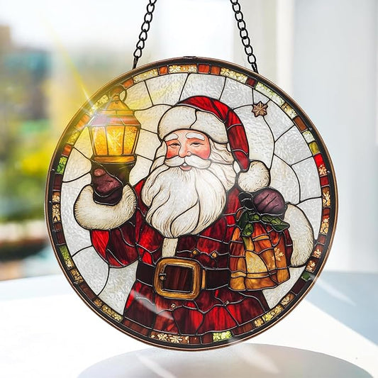 Bimkole Santa Claus Stained Glass Suncatcher Window Hanging - Christmas Indoor Window or Doorway Decoration - Handmade Sun Catcher Decor for Garden Home Christmas & Birthday Gifts 7.87x7.87 inch