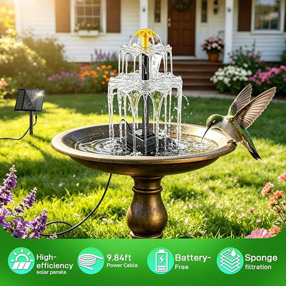 Solar Water Fountain, Upgrade Solar Fountain Pump Kit with 4 Nozzles & 9.94ft Cable, Outdoor 2w Solar Fountain for Bird Bath, Garden, Pool, Pond