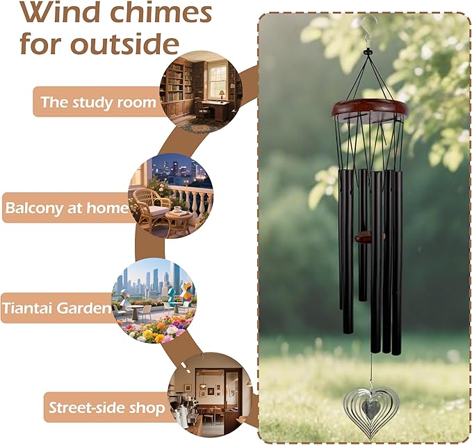 37'' Wind Chimes with Heart Spinner, Aluminum Hanging Metal Wind Catcher for Outdoor Decor, Garden, Patio Decoration