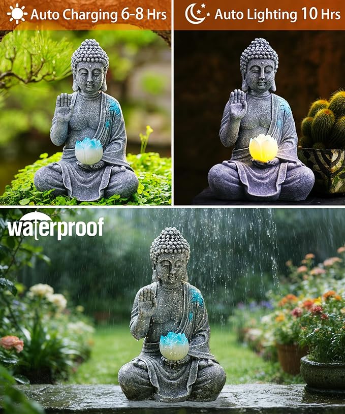 Nacome Solar Buddha Garden Statues with Lotus Flower: Resin Zen Decor Waterproof Sculpture Outdoor Light Design for Outside Patio Lawn Yard Balcony - 10.6 inches(Grey)