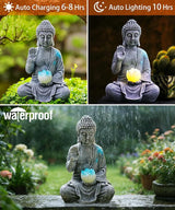 Nacome Solar Buddha Garden Statues with Lotus Flower: Resin Zen Decor Waterproof Sculpture Outdoor Light Design for Outside Patio Lawn Yard Balcony - 10.6 inches(Grey)