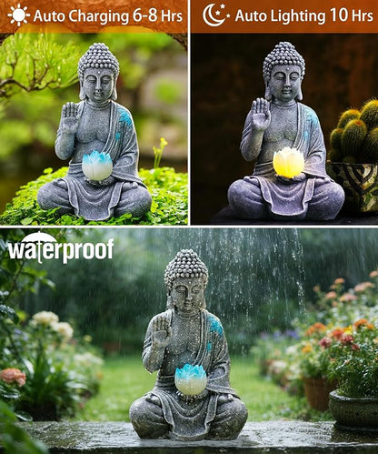 Nacome Solar Buddha Garden Statues with Lotus Flower: Resin Zen Decor Waterproof Sculpture Outdoor Light Design for Outside Patio Lawn Yard Balcony - 10.6 inches(Grey)