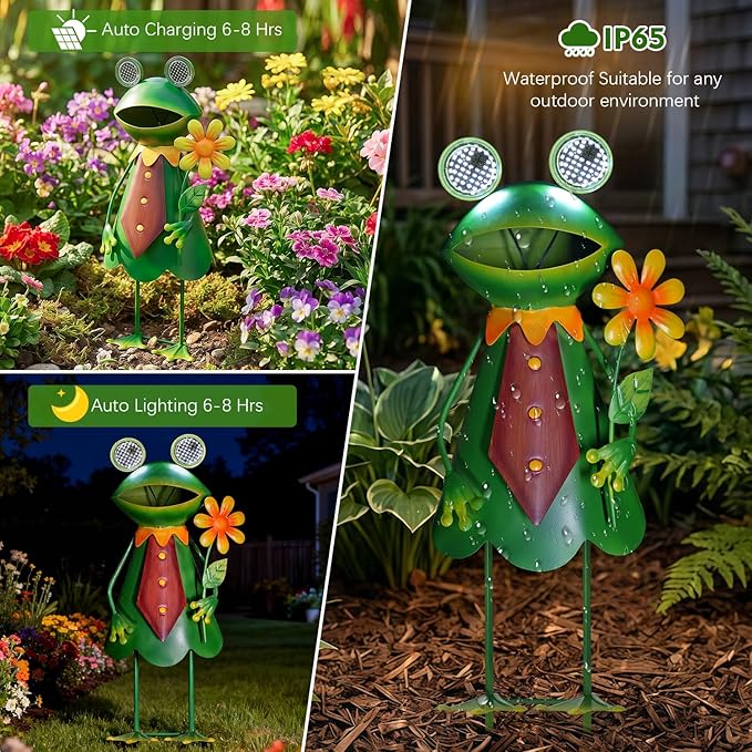 HONGLAND Solar Frog Garden Statue with Blinking LED Eyes, 21“ Metal Frog Yard Decorations Outdoor for Patio Backyard Garden Decor, Unique Birthday Housewarming Gifts for Women Mom Grandma