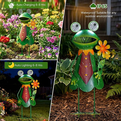 HONGLAND Solar Frog Garden Statue with Blinking LED Eyes, 21“ Metal Frog Yard Decorations Outdoor for Patio Backyard Garden Decor, Unique Birthday Housewarming Gifts for Women Mom Grandma