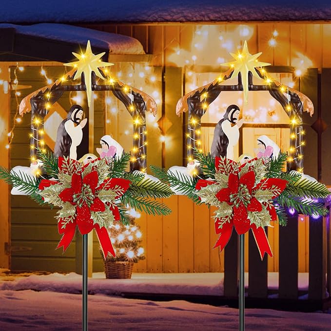 Moukeren 2 Pcs 2 Pcs 3.5ft Nativity Scene Outdoor Yard Stakes, Solar Lighted Outdoor Metal Christmas Nativity Scene Decoration for Christmas Holiday Lawn Garden Yard Decoration (Vivid)