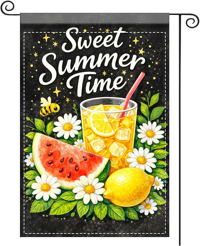 Nuxovilar Summer Garden Flag Sweet Summer Time Lemon Drink Watermelon Pattern Polyester 12x18 Inches Garden Flags for Outside Floral Decor Yard Porch Lawn