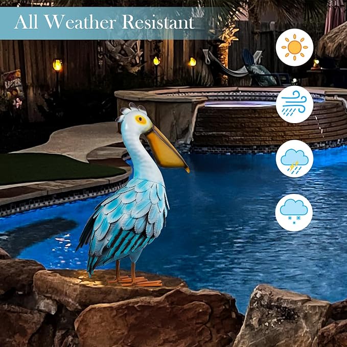 Metal Pelican Garden Statues, Light Blue Pelican Coastal Decor for Outdoor Yard Beach Lawn Patio Pool Display (Color-1)