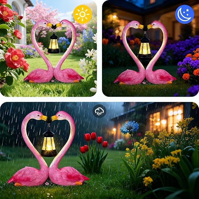 Reallnaive Outdoor Solar Lawn Flamingo Lights for Mom Waterproof Garden Kissing Flamingo Heart Decoration with LED Decoration for Summer Party Favors Gifts Yard Patio Lawn Courtyard Centerpiece Decor