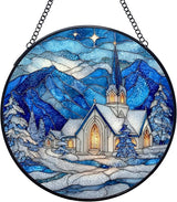Christian Church Christmas Stained Glass Window Hanging Suncatchers, Religious Winter Sun Catchers Indoor Window Glass Wall Art Decor, Winter Wall Hanging Decorations Sculptures, 7.9x7.9in