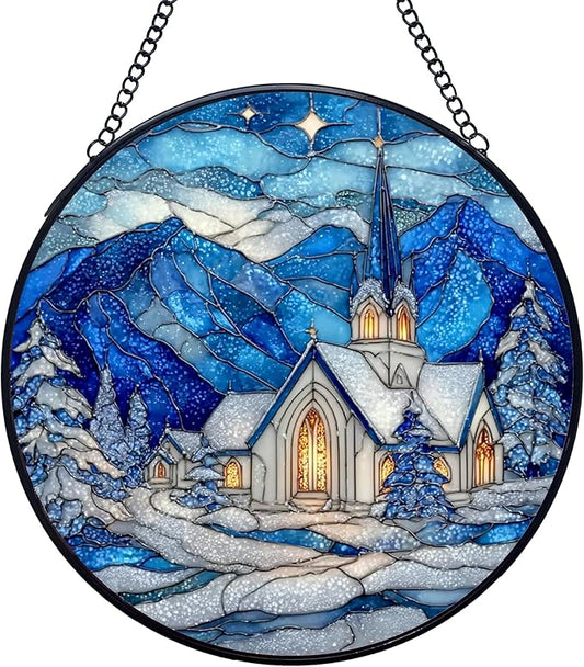 Christian Church Christmas Stained Glass Window Hanging Suncatchers, Religious Winter Sun Catchers Indoor Window Glass Wall Art Decor, Winter Wall Hanging Decorations Sculptures, 7.9x7.9in