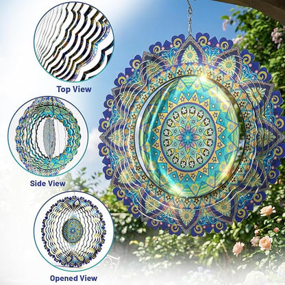 Mandala Wind Spinners Outdoor, IDEA SHOW Stainless Steel Wind Spinners Outside, 3D Kinetic Hanging Sculpture, Rustproof Metal Garden Decor Ornaments for Yard Art, Women, Men, Holidays