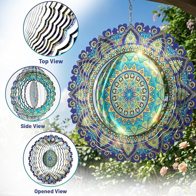 Mandala Wind Spinners Outdoor, IDEA SHOW Stainless Steel Wind Spinners Outside, 3D Kinetic Hanging Sculpture, Rustproof Metal Garden Decor Ornaments for Yard Art, Women, Men, Holidays