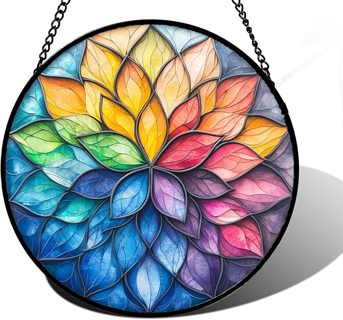 DASTOLL Stained Glass Window Hanging, Colorful Flower Petals Sun Catchers Diamond Glass Panel Hangings Suncatcher Decor for Birthday for Women, Men, Wife, Aunt, and Mom 7.8 in