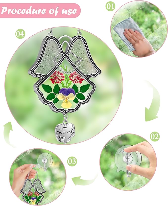 KY&BOSAM Angel Suncatcher I Love You Frined Stained Glass Panels for Windows Hangings Wind Chime with Pressed Flower Glass with Metal Charm Birthday Gift for Women Friend Mothers Day Christmas Décor