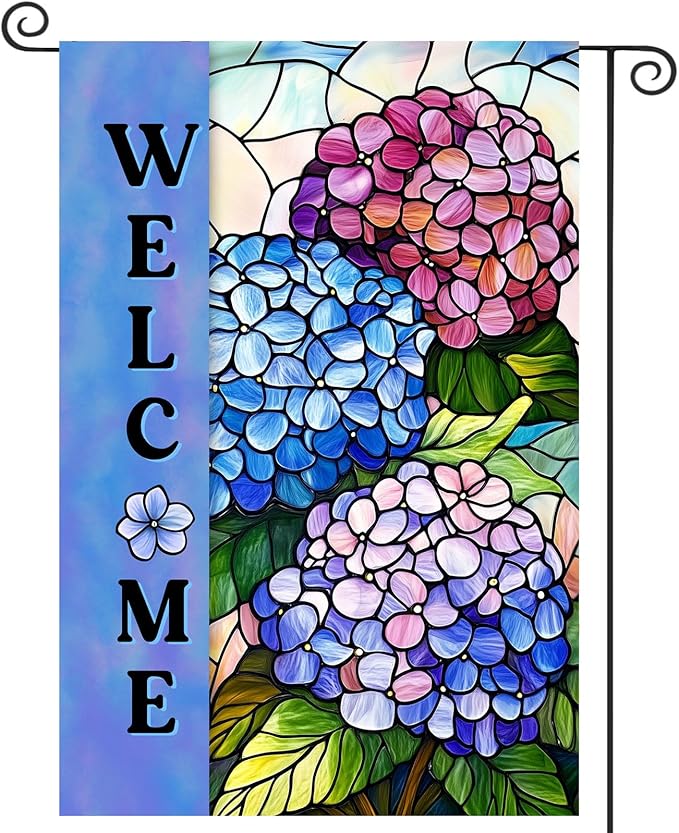 Hydrangea Spring Summer Garden Flag for Outside Stained Glass Flower Yard Decor 12x18 Double Sided Blue Floral Welcome Outdoor Banner
