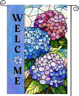Hydrangea Spring Summer Garden Flag for Outside Stained Glass Flower Yard Decor 12x18 Double Sided Blue Floral Welcome Outdoor Banner