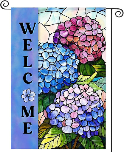 Hydrangea Spring Summer Garden Flag for Outside Stained Glass Flower Yard Decor 12x18 Double Sided Blue Floral Welcome Outdoor Banner