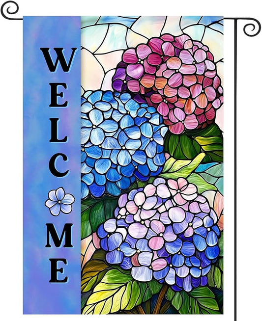 Hydrangea Spring Summer Garden Flag for Outside Stained Glass Flower Yard Decor 12x18 Double Sided Blue Floral Welcome Outdoor Banner
