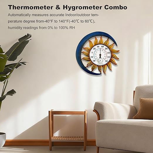 pealstar Outdoor Thermometer with Hygrometer Waterproof Large Wall Thermometer Decorative Metal Sun-Moon Outdoor Thermometers for Patio Garden Yard Living Room Decor