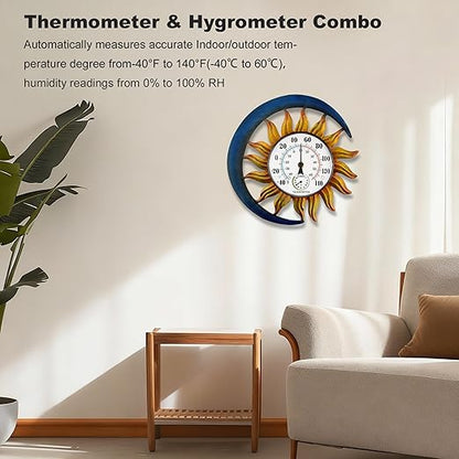 pealstar Outdoor Thermometer with Hygrometer Waterproof Large Wall Thermometer Decorative Metal Sun-Moon Outdoor Thermometers for Patio Garden Yard Living Room Decor