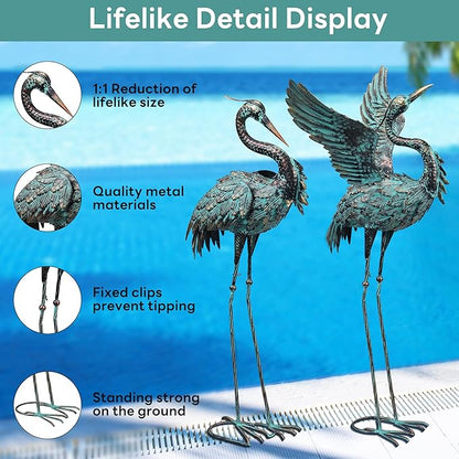 Garden Statues Large Metal Crane Sculptures, Outdoor Heron Metal Statue Yard Art for Garden Decor, Realistic Bird Art for Outdoor Decor, Standing Lifelike, Water&Rust-Proof, Set of 2 Bronze