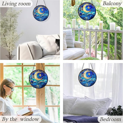 kdqua Moon and Star Suncatcher Stained Glass Window Hanging, Blue Celestial Astronomy Sun Catchers Indoor Window Glass Round Wall Decor, Moon and Stars Wall Art Hanging Decorations Statues, 7.9x7.9in