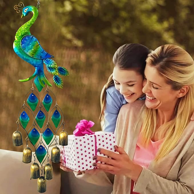 Outdoor Chimes Gifts for Women, Colorful Peacock Wind Chimes-Metal and Glass Hanging Sculpture,Birthday Gifts for Mom Grandma Wife