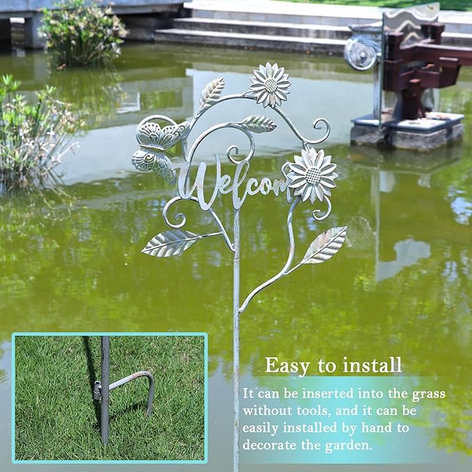 Decorative Garden Stakes with Welcome Sign,Metal Garden Stakes for Patio Garden Decor.