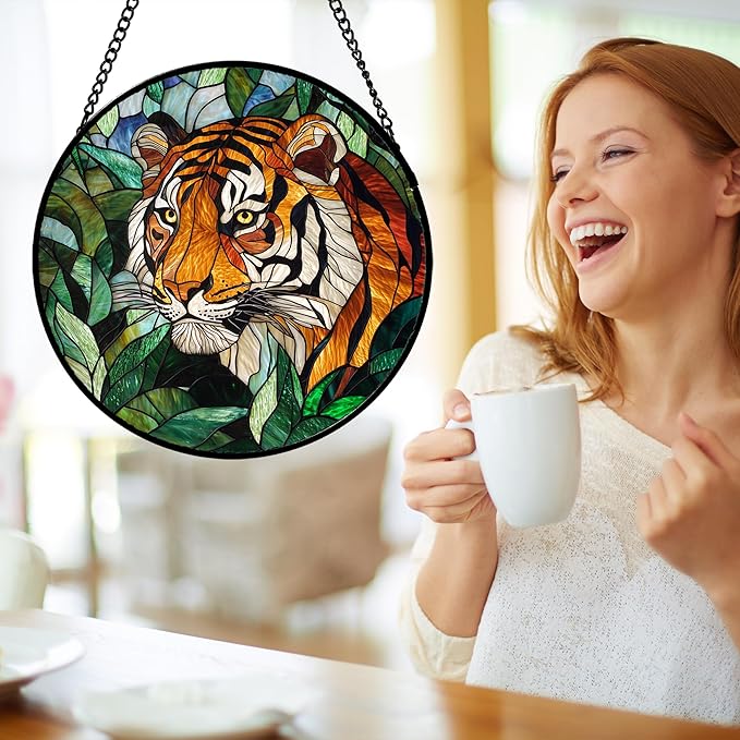Stained Glass Window Hanging, Fierce Tiger Sun Catcher for Door Home Decor Wild Animals Suncatcher Christmas Mother's Day Birthday Gifts for Women Men Mom and Nana 15 in