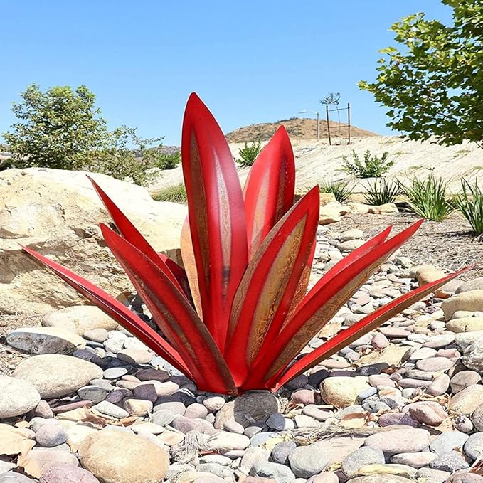 Metal Agave Plants 13.78 InchOutdoor Decor Tequila Rustic Sculpture Metal Agave Yard Art Agave Sculpture Statue Garden Yard Decor Ornament Wine Red, Garden Statues Outdoor
