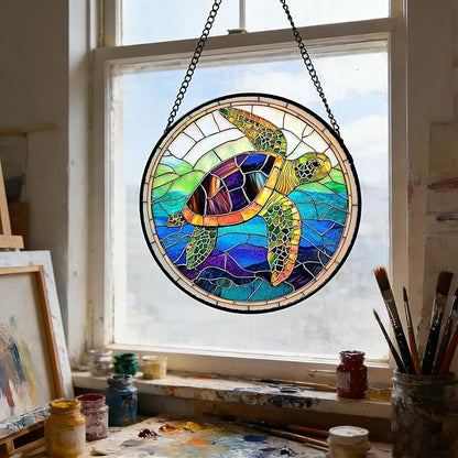 DASTOLL Stained Glass Window Hanging, Colored Turtle Ocean Suncatcher Diamond Glass Panel Hangings Marine Life Sun Catchers Decor for Birthday for Women, Men, Wife, Aunt, Mom 7.8 in