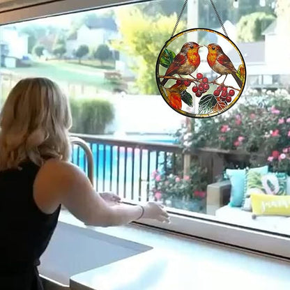 Robins Sun Catcher Stained Glass Window Hanging Suncatcher Indoor Window with Metal Chain, Birds Gifts for Women Mom Bird Lovers
