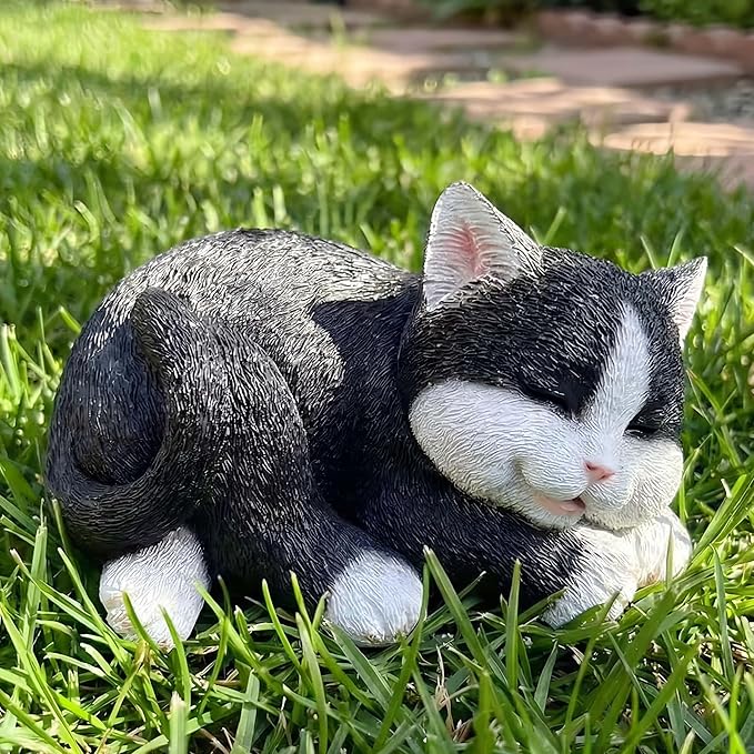 Sleeping Black Tabby Garden Statue - Resin Realistic Mini Cat Sculpture, Pet Loss Memorial Stone, for Cat Lovers, Indoor/Outdoor Decor, Animal Figurine for Yard Ornaments