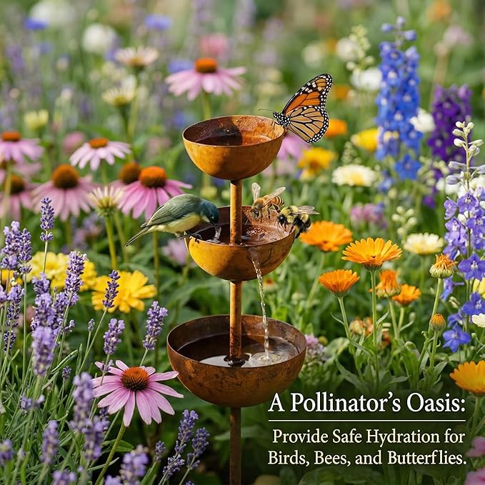 Rain Catcher & Plant Support Metal Garden Ornament, 3-Tiered Garden Stake with Water Bowls, Bird Bath & Bee Watering Station for Outdoor Yard, Patio, Lawn Art Decor (3PCS)