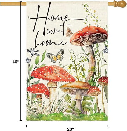 AVOIN colorlife Home Sweet Home Spring Mushrooms House Flag 28 x 40 Inch Double Sided, Seasonal Flowers Welcome Yard Outdoor Flag