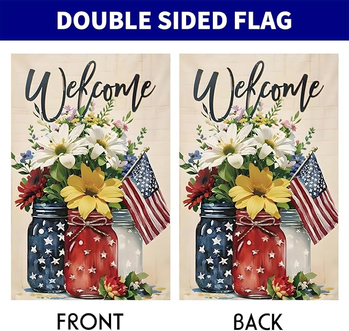 4th of July Mason Jar Flowers Summer Garden Flag 28x40, Patriotic Celebration Double-Sided Decorative Burlap Yard Flag for Memorial Day Independence Day Outside Decoration Holiday Festivities