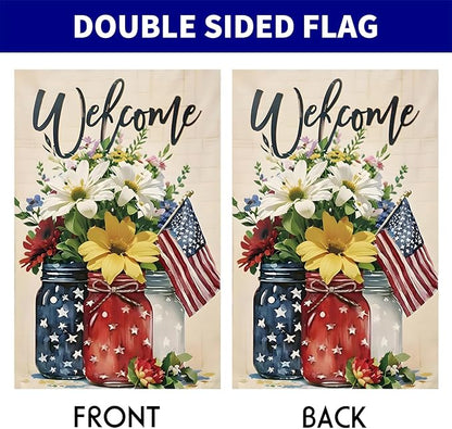4th of July Mason Jar Flowers Summer Garden Flag 28x40, Patriotic Celebration Double-Sided Decorative Burlap Yard Flag for Memorial Day Independence Day Outside Decoration Holiday Festivities