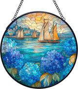 Coastal Sailboat Hydrangea Flower Stained Glass Window Hanging Suncatchers, Ocean Beach Sun Catchers Indoor Window Glass Wall Art Decor, Nautical Wall Hanging Decorations Sculptures, 7.9x7.9in