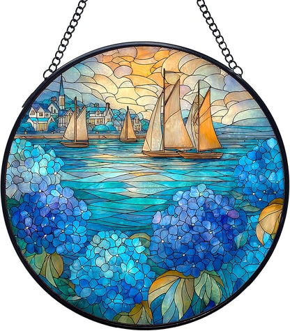 Coastal Sailboat Hydrangea Flower Stained Glass Window Hanging Suncatchers, Ocean Beach Sun Catchers Indoor Window Glass Wall Art Decor, Nautical Wall Hanging Decorations Sculptures, 7.9x7.9in
