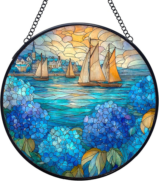 Coastal Sailboat Hydrangea Flower Stained Glass Window Hanging Suncatchers, Ocean Beach Sun Catchers Indoor Window Glass Wall Art Decor, Nautical Wall Hanging Decorations Sculptures, 7.9x7.9in