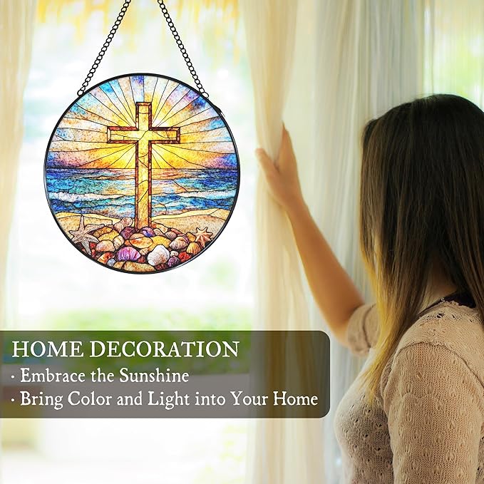 Cross Coastal Stained Glass Window Hanging Suncatcher, Christian Beach Shells Sunset Sun Catcher Indoor Window Decor Gifts, Religious Painted Glass Round Wall Hanging Decorations 7.8x7.8 in