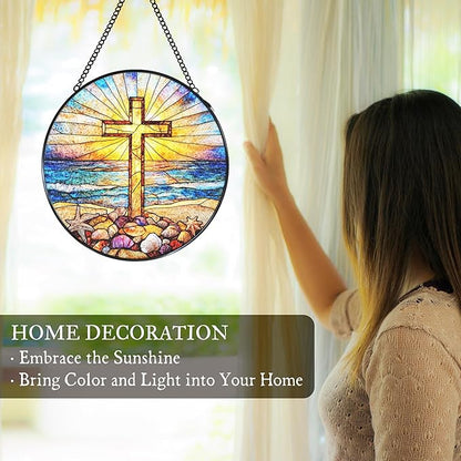 Cross Coastal Stained Glass Window Hanging Suncatcher, Christian Beach Shells Sunset Sun Catcher Indoor Window Decor Gifts, Religious Painted Glass Round Wall Hanging Decorations 7.8x7.8 in