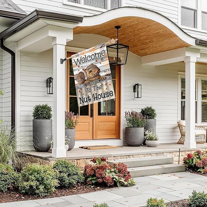 Welcome to the Nut House House Flag 28x40 Inch Double-Sided Outdoor Squirrel Decorations for Home Porch & Yard Outdoor Decoration