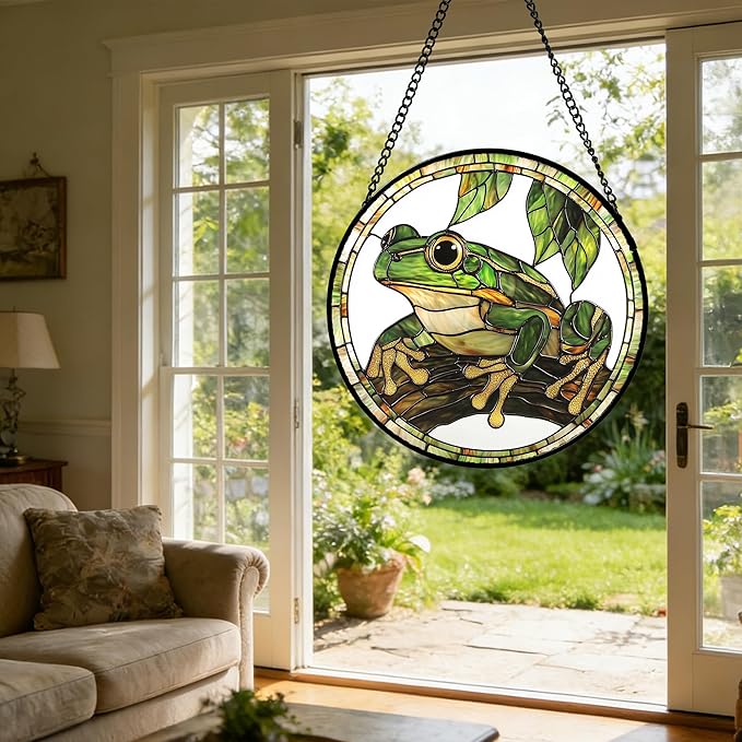 DASTOLL Stained Glass Window Hanging, Frog Green Leaf Sun Catchers Colorful Glass Panel Cool Suncatcher Decor for Birthday for Women, Men, Wife, Aunt, and Mom 7.8 in