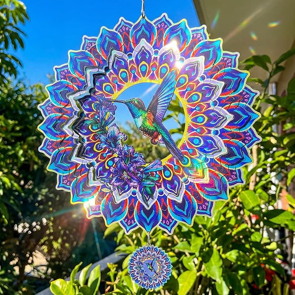 Hummingbird Mandala Wind Spinner, IDEA SHOW 10In 3D Kinetic Metal Wind Spinners, Hummingbird Gift for Women, Mom, Garden & Yard Decor Outdoor/Indoor Decoration, Dynamic Art Hanging Sculpture (10In)