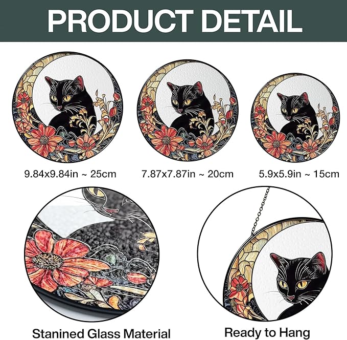 Black Cat Stained Glass Suncatcher, Cat Floral Window Hanging Decor, Memorial Pet Loss Sympathy Ornament, Home Garden Decor, Christmas, Birthday, for Grandma, Friends, Mom, Women
