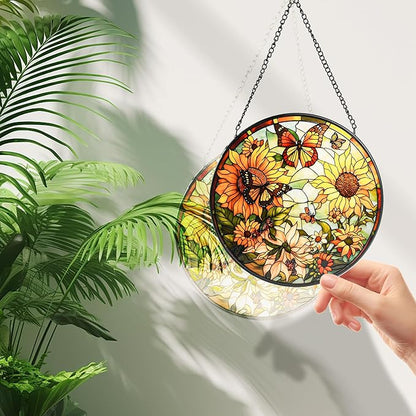 Sunflower Stained Glass Window Hanging,Flowers and Butterfly Sun Catcher for Door Terrace Garden Kitchen Home Decor,Suncatchers for Christmas Mother's Day Birthday Valentine's Day Festival Gift 9.8 in